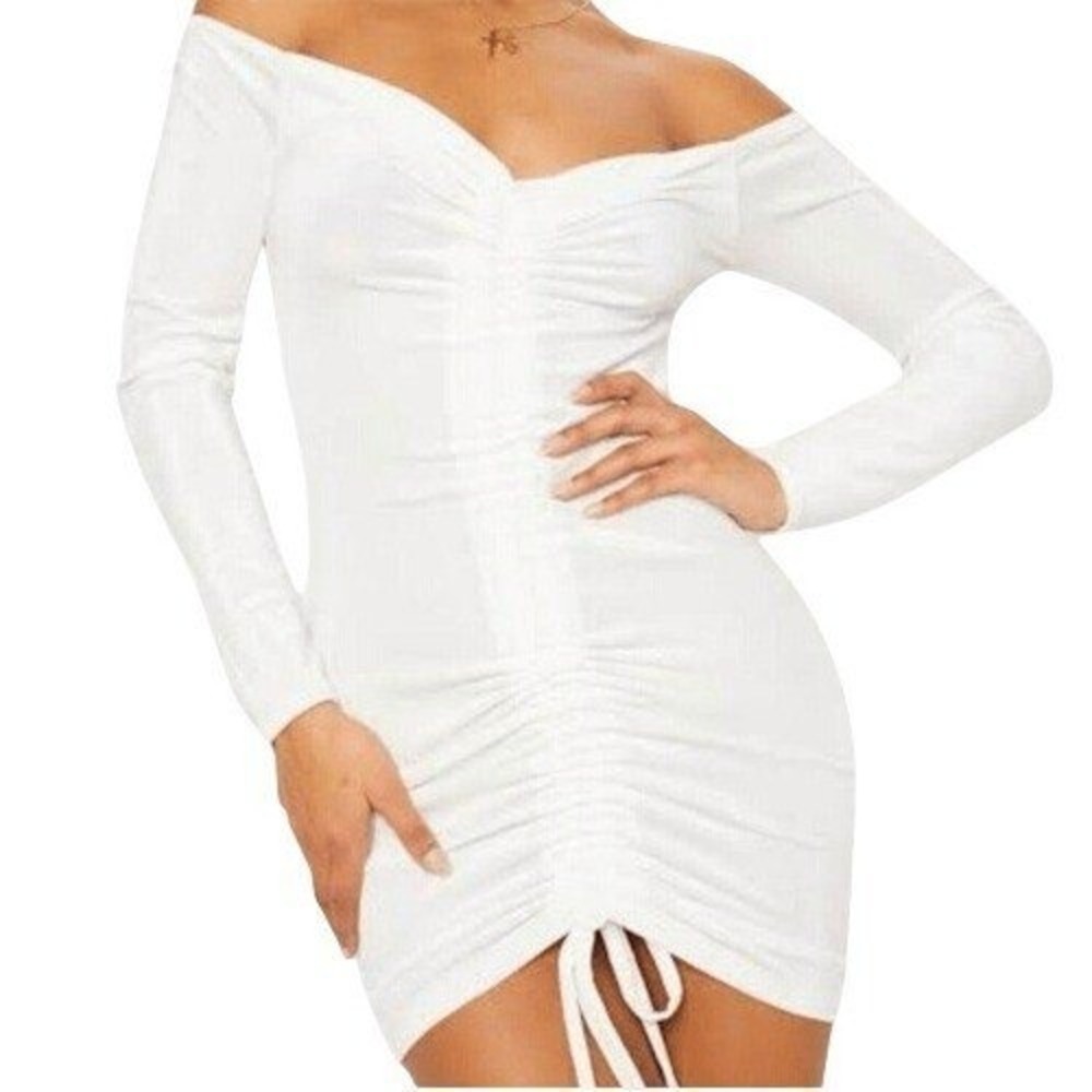 PRETTYLITTLETHING Pure White Mesh Ruched Body Con Mini Dress‎ NWOT Large